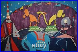 U VINTAGE 1954 SIGNED PAINTING CIRCUS RING on BOARD Folk Art CLOWN ELEPHANT