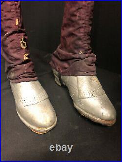 VERY RARE COLLECTIBLE ANTIQUE SET OF WOODEN CIRCUS STILTS Silver shoes
