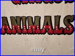 VINTAGE ORIGINAL ANTIQUE LARGE HAND PAINTED CIRCUS ANIMALS WOODEN SIGN. Nice