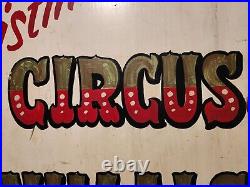 VINTAGE ORIGINAL ANTIQUE LARGE HAND PAINTED CIRCUS ANIMALS WOODEN SIGN. Nice