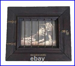 VTG ANTIQUE CIRCUS CAGED LION PRINT in ARTS & CRAFTS OAK FRAME ANIMAL RIGHTS