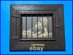 VTG ANTIQUE CIRCUS CAGED LION PRINT in ARTS & CRAFTS OAK FRAME ANIMAL RIGHTS