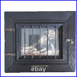 VTG ANTIQUE CIRCUS CAGED LION PRINT in ARTS & CRAFTS OAK FRAME ANIMAL RIGHTS