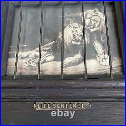 VTG ANTIQUE CIRCUS CAGED LION PRINT in ARTS & CRAFTS OAK FRAME ANIMAL RIGHTS