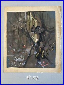 Very Beautiful Gouache Painting 1930 Circus Elephant Snake Tent Antique Art