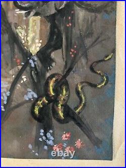 Very Beautiful Gouache Painting 1930 Circus Elephant Snake Tent Antique Art