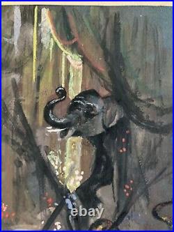 Very Beautiful Gouache Painting 1930 Circus Elephant Snake Tent Antique Art