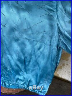 Vintage 1930s Blue Satin Balloon Sleeve Blouse Deco Print Dress Top Shirt Circus