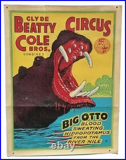 Vintage 1950s Big Otto Hippo Sideshow Cole Brothers Circus Litho Poster