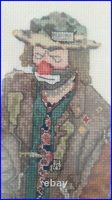Vintage 1992 Emmett Kelly Jr Sad Circus Hobo Clown Cross Stitch Framed Antique
