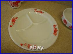 Vintage 3pcs PYREX CIRCUS Child's Baby Dinner Set MUG PLATE BOWL Milk Glass Red