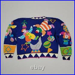 Vintage 90s Berek Art to Wear Cardigan Sweater Circus Clowns All Over Hand Knit
