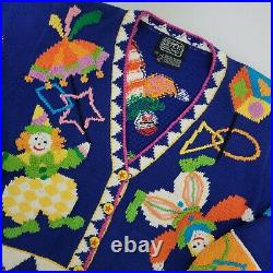 Vintage 90s Berek Art to Wear Cardigan Sweater Circus Clowns All Over Hand Knit