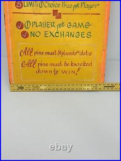 Vintage Antique Hand Painted Carnival Sign 24in X 46.5in Five Pin Rules