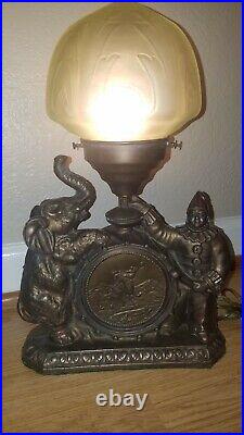 Vintage Art Deco Figural Table Lamp With Clown & Elephant Circus Scene