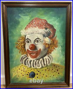 Vintage Bright Framed Oil On Canvas Clown Painting Artist Signed Original 26x20