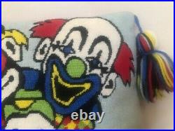 Vintage Colorful Circus Clowns Hand Embroidered Throw Pillow with Large Tassels