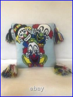Vintage Colorful Circus Clowns Hand Embroidered Throw Pillow with Large Tassels
