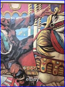 Vintage Colorful Sad Clown Emmett Kelly on Merry Go Round Circus Horse RARE Wood