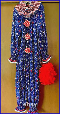 Vintage Home Sewn Adult Clown Costume Red White & Blue, Hair, Neck Ruffle