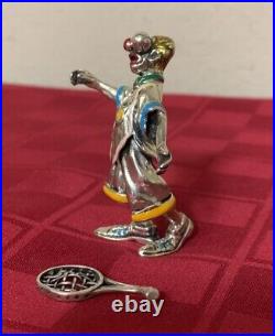 Vintage Italy Sterling Silver Enamel Circus Clown Holding Racquet 63g