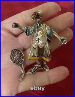 Vintage Italy Sterling Silver Enamel Circus Clown Holding Racquet 63g