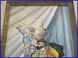 Vintage Jester Harlequin Painting Circus Antique Signed Modernism Wpa Era Art