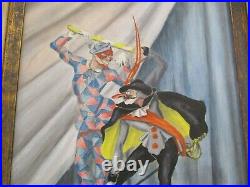 Vintage Jester Harlequin Painting Circus Antique Signed Modernism Wpa Era Art