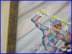 Vintage Jester Harlequin Painting Circus Antique Signed Modernism Wpa Era Art