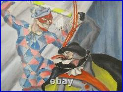 Vintage Jester Harlequin Painting Circus Antique Signed Modernism Wpa Era Art