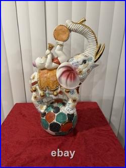 Vintage Oriental Satsuma Circus Elephant With A Boy On His Back Playing Music