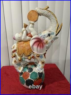 Vintage Oriental Satsuma Circus Elephant With A Boy On His Back Playing Music
