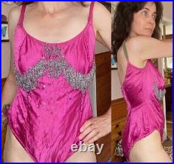 Vintage Showgirl Satin 40's 50's Pink Leotard beaded Costume Circus Bodysuit M