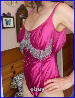 Vintage Showgirl Satin 40's 50's Pink Leotard beaded Costume Circus Bodysuit M