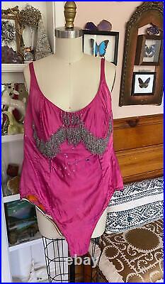 Vintage Showgirl Satin 40's 50's Pink Leotard beaded Costume Circus Bodysuit M