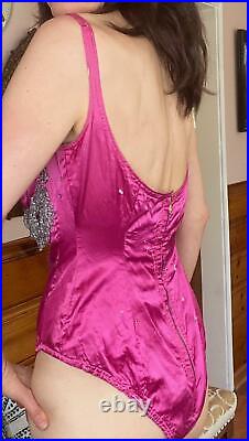 Vintage Showgirl Satin 40's 50's Pink Leotard beaded Costume Circus Bodysuit M