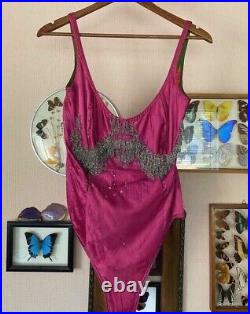 Vintage Showgirl Satin 40's 50's Pink Leotard beaded Costume Circus Bodysuit M