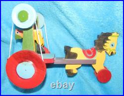 Vintage Wooden Acrobat Circus Toy Folkart Horse Wagon Rare Primitive Pulltoy Red
