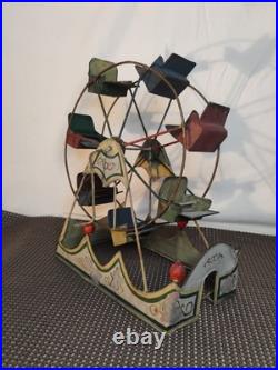 Vintage antique toy circus Ferris Wheel metal seats Works! 1920s
