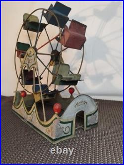 Vintage antique toy circus Ferris Wheel metal seats Works! 1920s