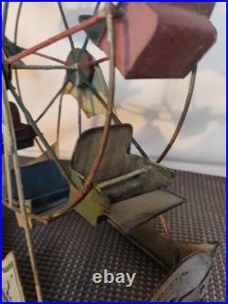 Vintage antique toy circus Ferris Wheel metal seats Works! 1920s