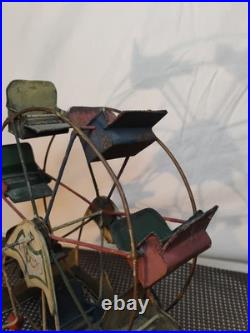 Vintage antique toy circus Ferris Wheel metal seats Works! 1920s