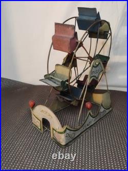 Vintage antique toy circus Ferris Wheel metal seats Works! 1920s