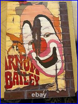 Vintage painting on wood board barnum bailey clown Signed sarah schulte 77