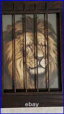 Vtg Antique Oak Frame 1903 Lithograph Lion Tiger Print Metal Cage Circus