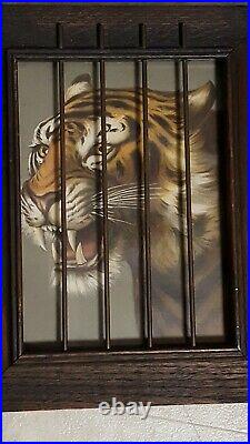 Vtg Antique Oak Frame 1903 Lithograph Lion Tiger Print Metal Cage Circus