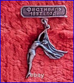 Vtg Badge circus art aerial gymnastics Festival 1957 USSR Antique Silver 875